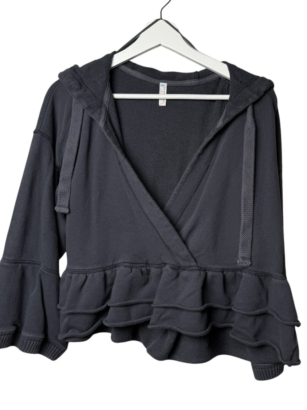 Free People Movement Gray Hooded Sweatshirt SZ XS Tiered Beach Ruffle Terrycloth